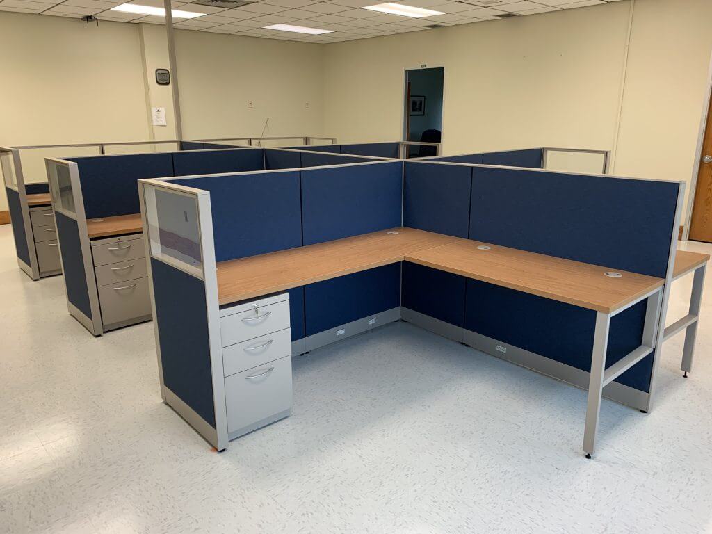 install blue L Desks